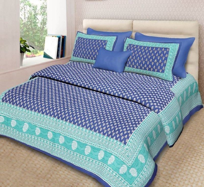 BusyLife 290 TC Cotton Double Printed Flat Bedsheet  (Pack of 1, Blue)