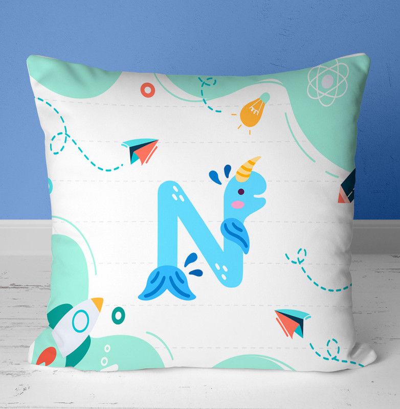 NH10 DESIGNS Colorful Alphabet N Printed Cushion Cover With Filler 12x12 Inch - ABWTCU 20 Microfibre Floral Cushion Pack of 1  (White)