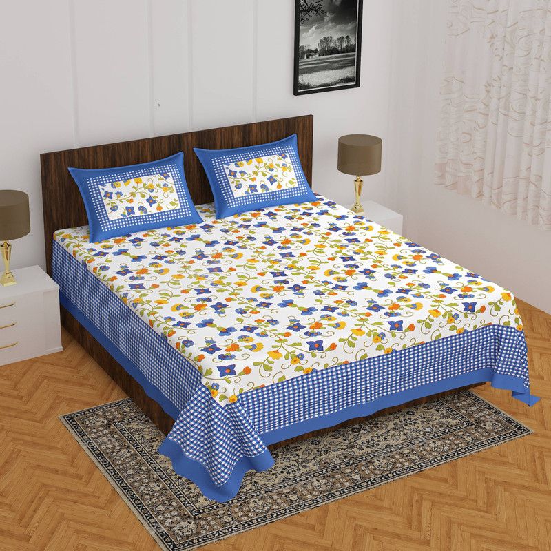 Rawal Fashions 144 TC Cotton Double Floral Flat Bedsheet  (Pack of 1, Blue)
