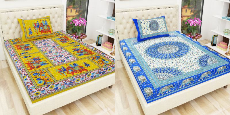 Indram 144 TC Cotton Single Printed Flat Bedsheet  (Pack of 2, Multicolor6)