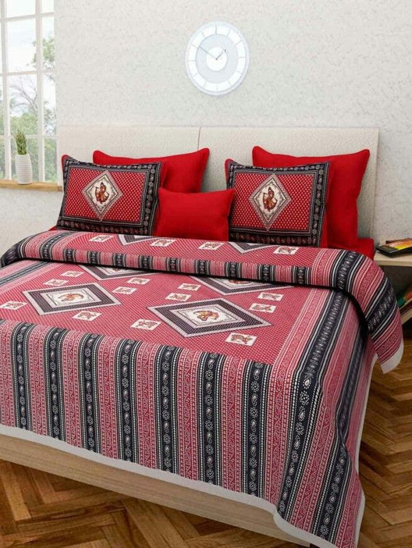 BONGSHANKAR 160 TC Cotton Queen Printed Flat Bedsheet  (Pack of 1, Red)