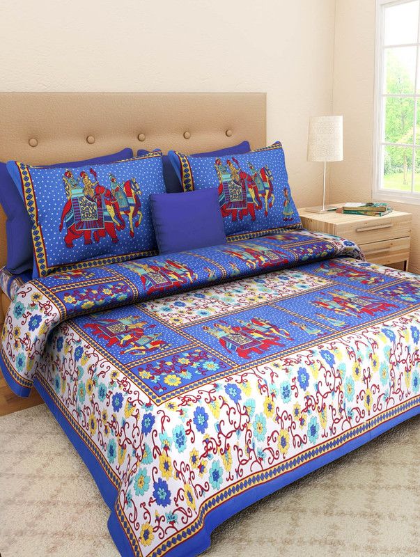 Unique Fashion 156 TC Cotton Double Jaipuri Prints Flat Bedsheet  (Pack of 1, blue boder)