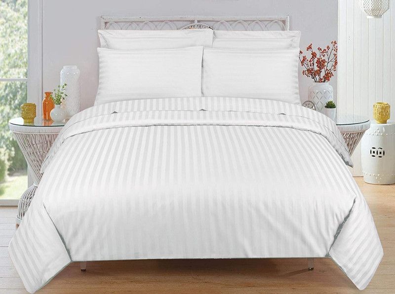Classic Home 250 TC Cotton King Striped Flat Bedsheet  (Pack of 1, White)