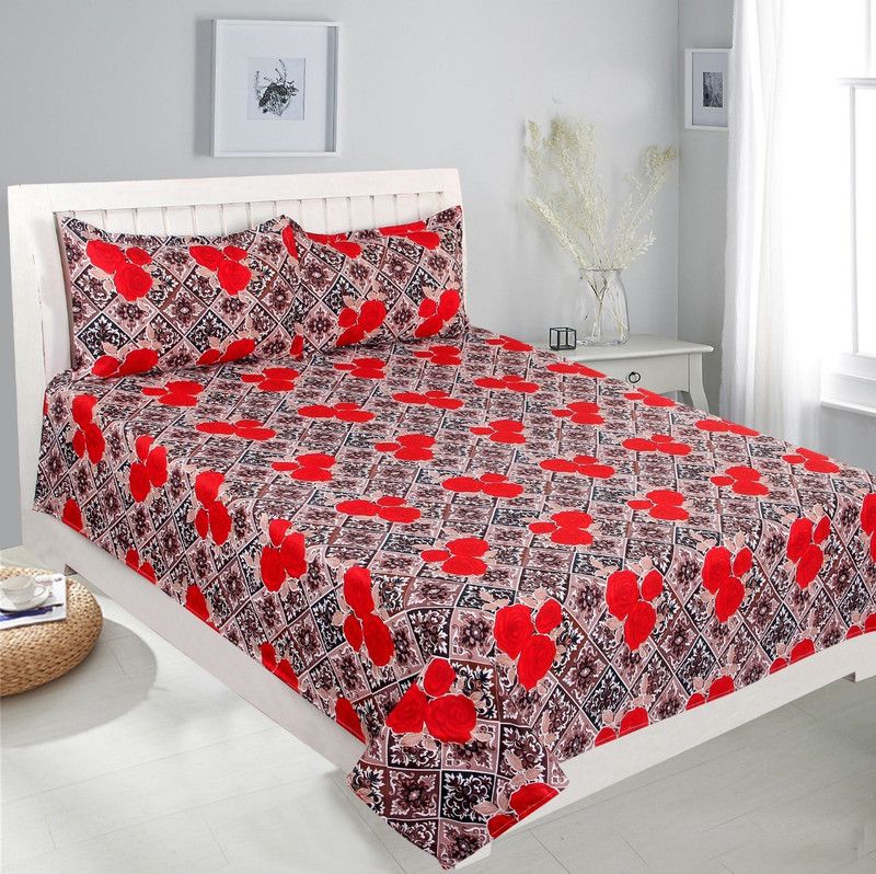 CHEVRON 167 TC Microfiber Double Floral Flat Bedsheet  (Pack of 1, Red)