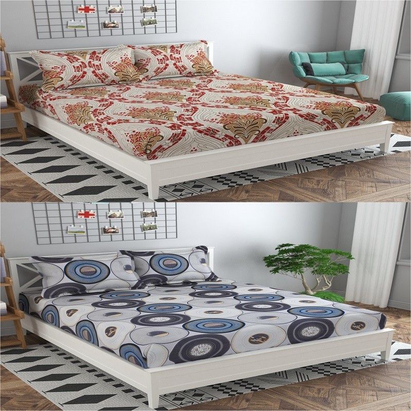 Nakshu 140 TC Polycotton King Floral Flat Bedsheet  (Pack of 2, brown matka, blue coin)