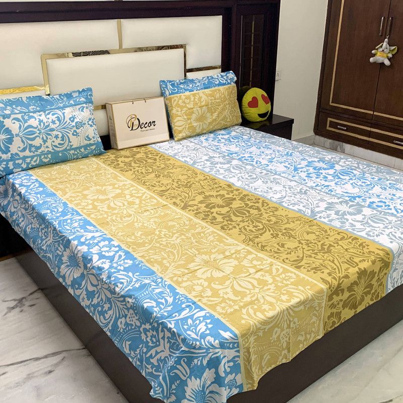 Pure Decor 104 TC Cotton Queen Printed Flat Bedsheet  (Pack of 3, Multicolor)