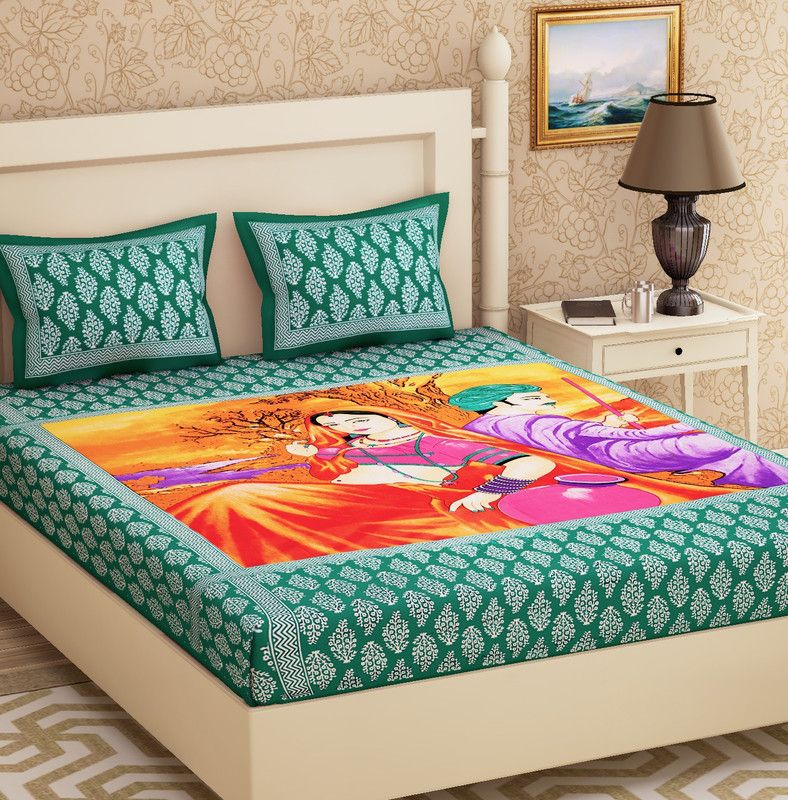 METRO LIVING 104 TC Cotton Double Self Design Flat Bedsheet  (Pack of 1, Green)