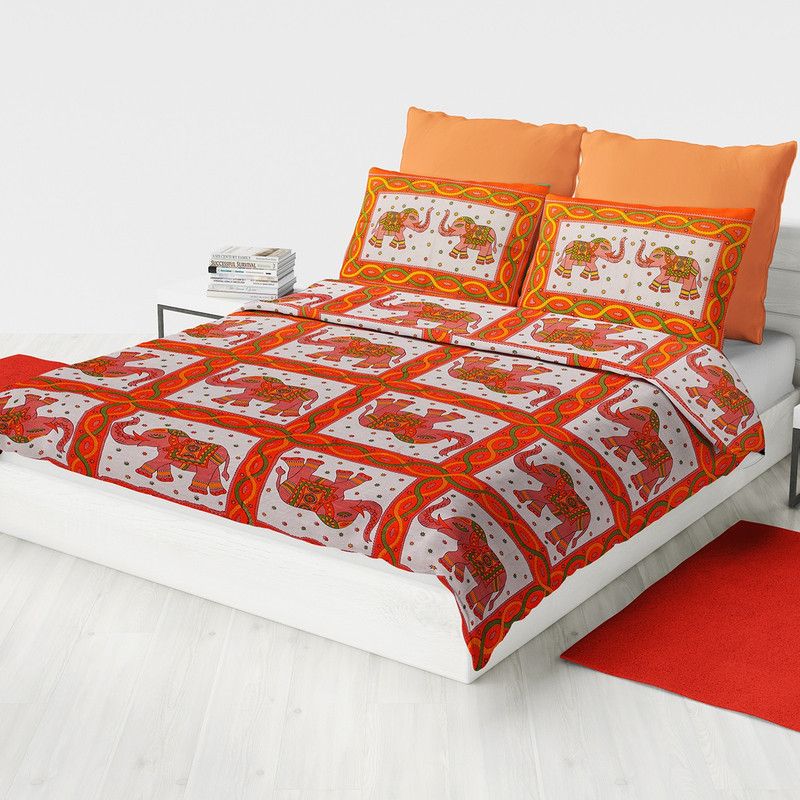 Monik Handicrafts 144 TC Cotton King Jaipuri Prints Flat Bedsheet  (Pack of 1, Orange)