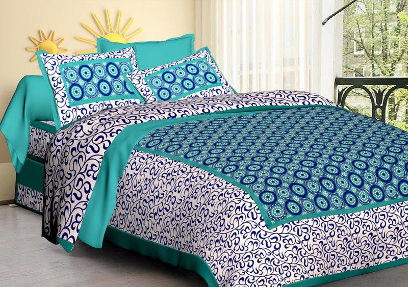 Satrim 220 TC Cotton Double Jaipuri Prints Flat Bedsheet  (Pack of 1, Green)