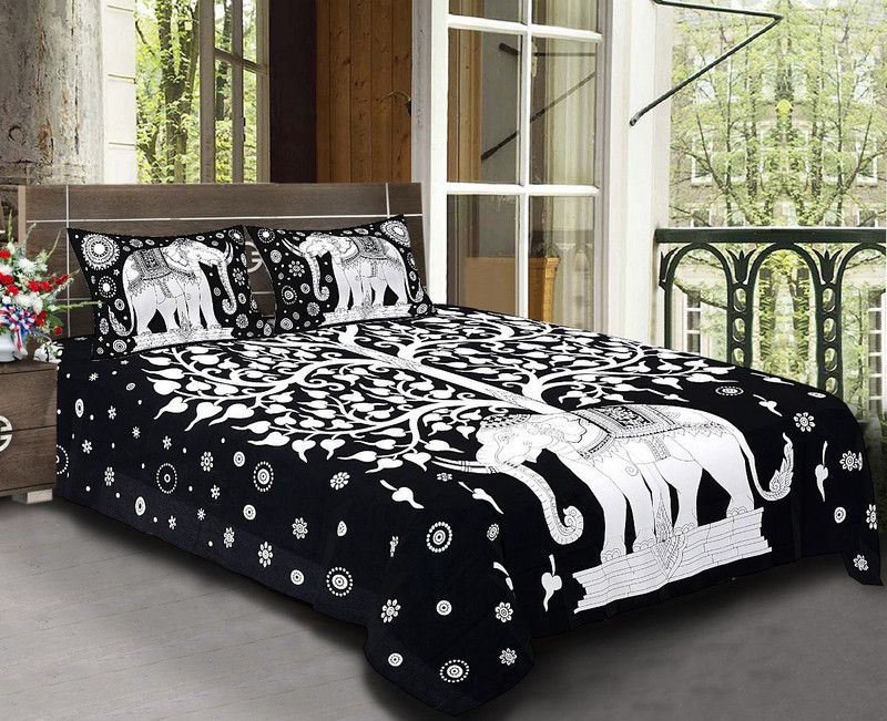 RAJDEVI JAIPUR PRINTS 351 TC Cotton Double Animal Flat Bedsheet  (Pack of 1, Black)