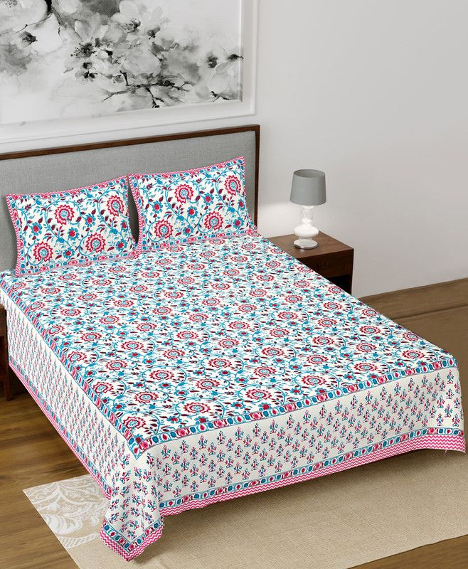SkyKross 210 TC Cotton King Floral Flat Bedsheet  (Pack of 1, Blue)