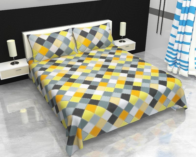 AZMA 144 TC Cotton Double Checkered Flat Bedsheet  (Pack of 1, Yellow)