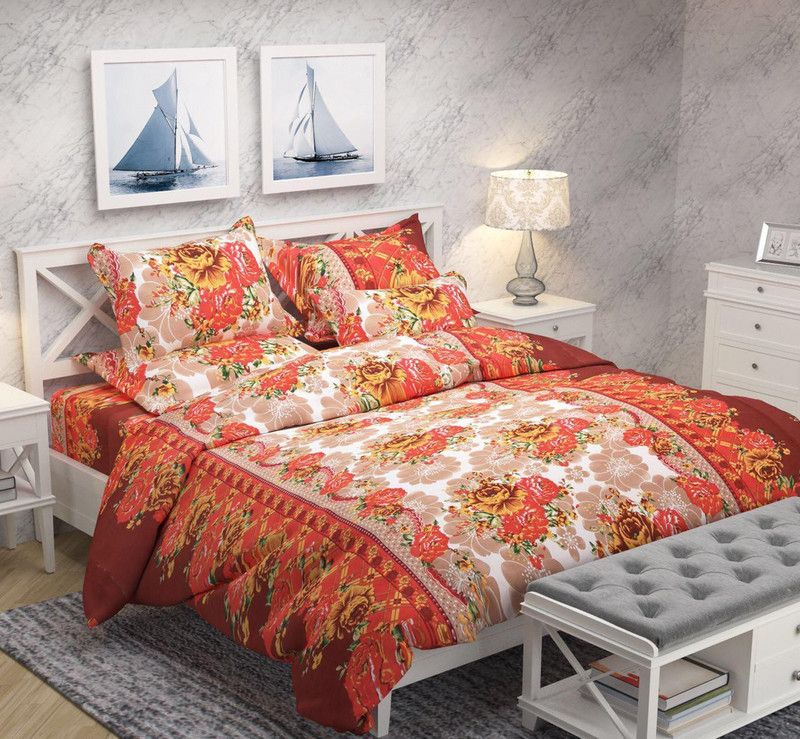 Newleaf Trends 140 TC Polyester Double, Queen, King Printed Flat Bedsheet  (Pack of 1, Orange)