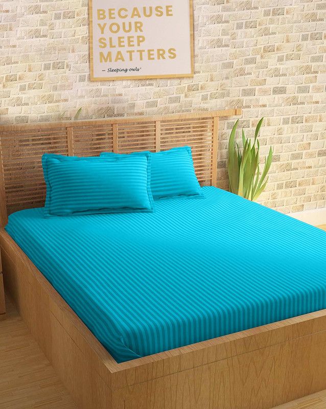 SLEEPING OWLS 210 TC Cotton King Striped Flat Bedsheet  (Pack of 1, TurqBlue)