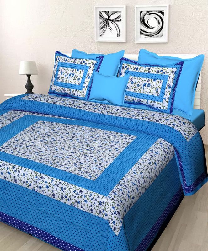Urvashi 200 TC Cotton Queen Jaipuri Prints Flat Bedsheet  (Pack of 1, Blue)