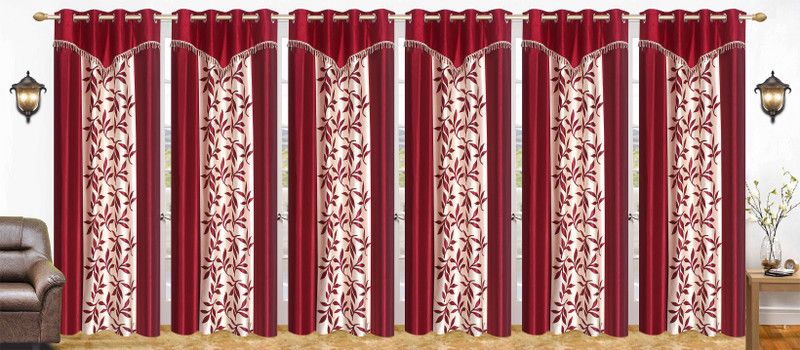 Flossy 274 cm (9 ft) Polyester Semi Transparent Long Door Curtain (Pack Of 6)  (Floral, Maroon)
