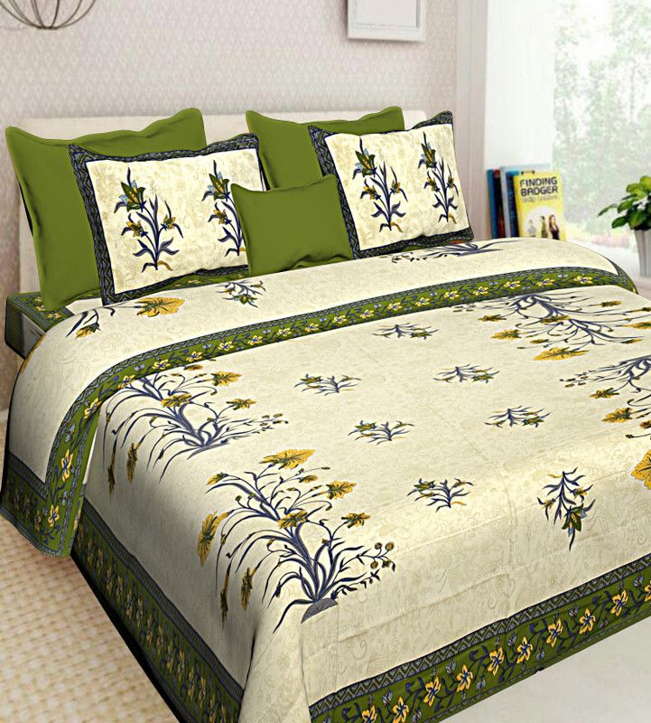 Abhi Impex 351 TC Cotton King Floral Flat Bedsheet  (Pack of 1, Green)