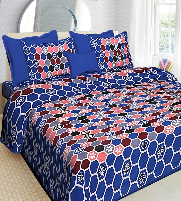 AJ Home 120 TC Cotton Double Printed Flat Bedsheet  (Pack of 1, Blue)