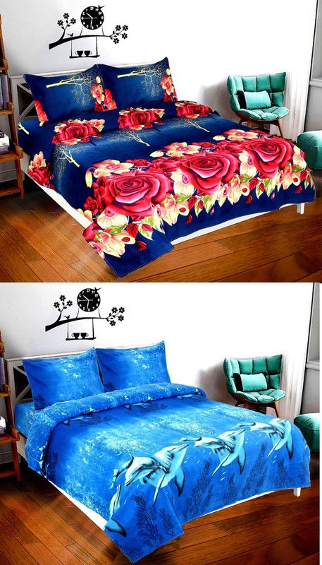 COTTON VILLAS 144 TC Polycotton Double 3D Printed Flat Bedsheet  (Pack of 2, Fish & Red Rose Printed)