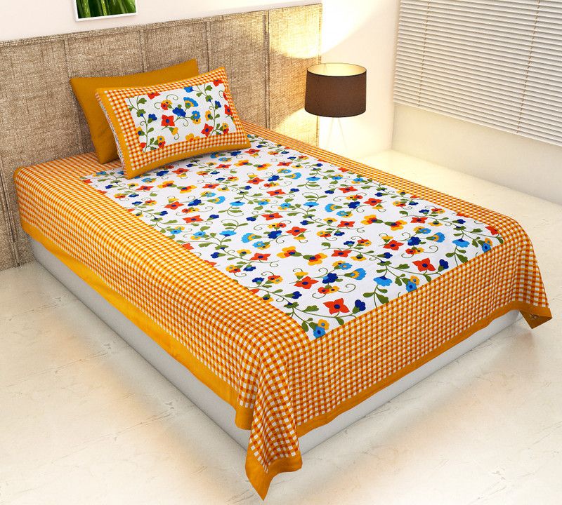 Ubania Collection 140 TC Cotton Single Floral Flat Bedsheet  (Pack of 1, Yellow)