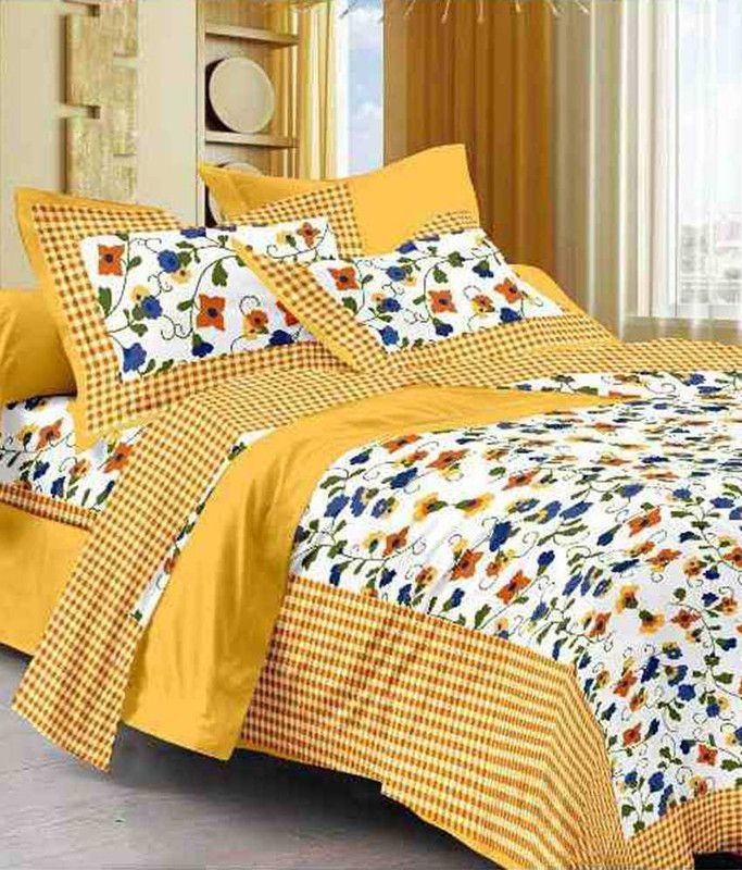 Best Collection 144 TC Cotton King Jaipuri Prints Flat Bedsheet  (Pack of 1, Yellow)