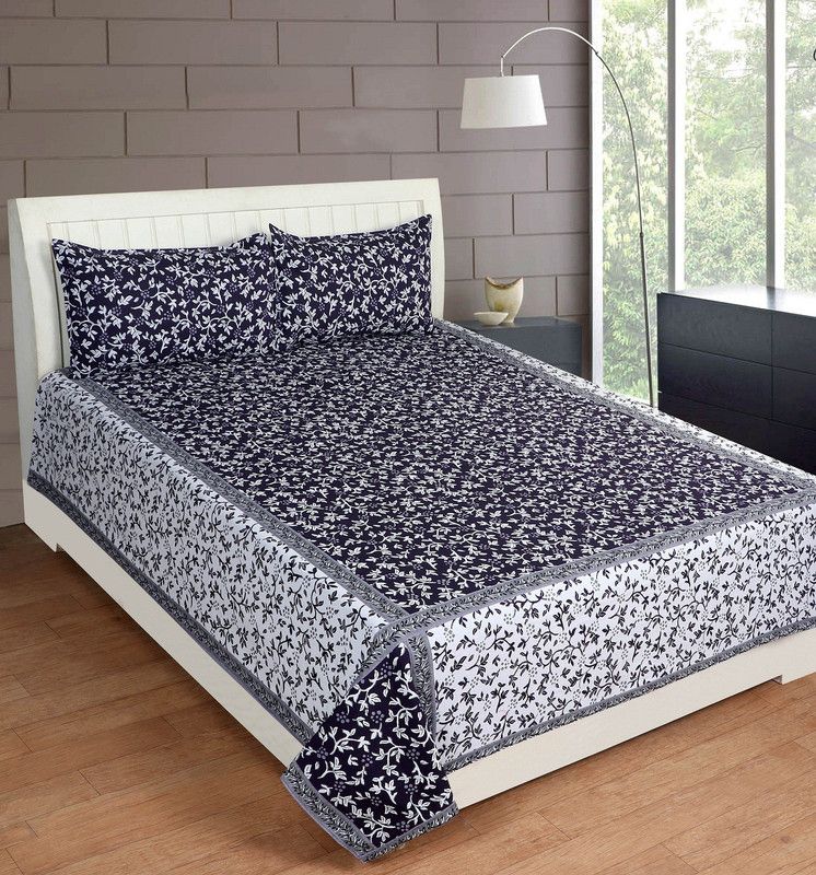 Nilotapl 300 TC Cotton King Printed Flat Bedsheet  (Pack of 1, Nevi Blue, White)