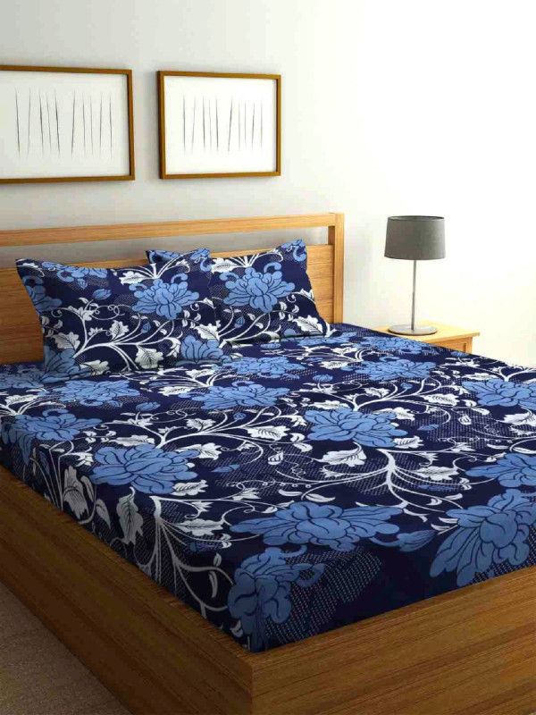 Radha 200 TC Polycotton Double Floral Flat Bedsheet  (Pack of 1, Blue, Black)