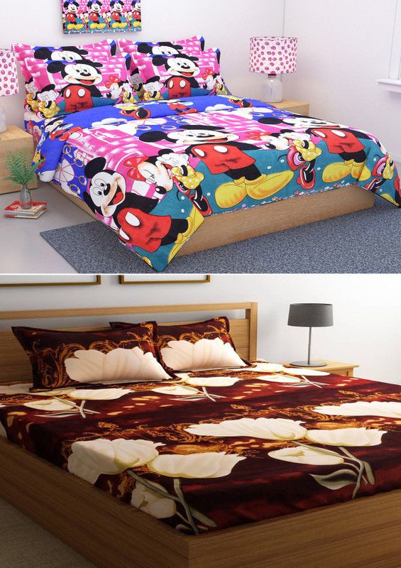 Indian GSM Handloom 144 TC Microfiber Double Floral Flat Bedsheet  (Pack of 2, Blue)