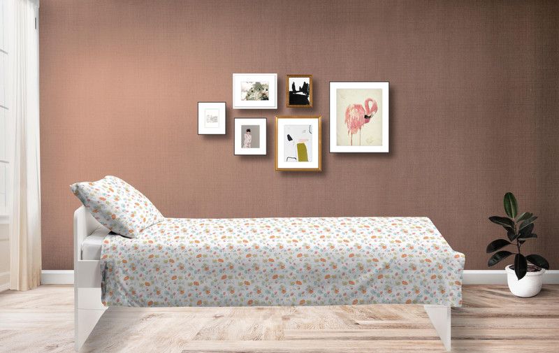 COTTON CANDY 200 TC Cotton Single Floral Flat Bedsheet  (Pack of 1, Orange, pastel blue and yellow)