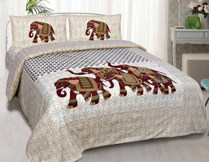 Crayonsfab 144 TC Cotton Queen Animal Flat Bedsheet  (Pack of 1, Cream)