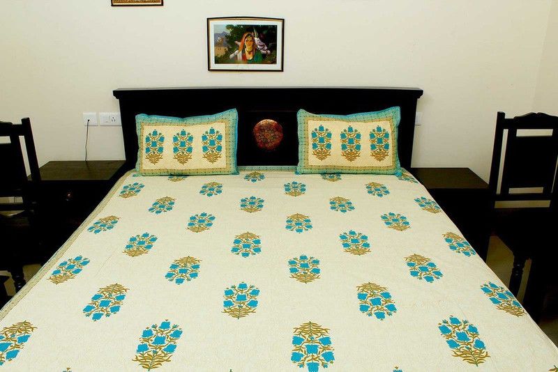 Halowishes 116 TC Cotton King Floral Fitted (Elastic) Bedsheet  (Pack of 1, Darkcyan and Olive and Cream)