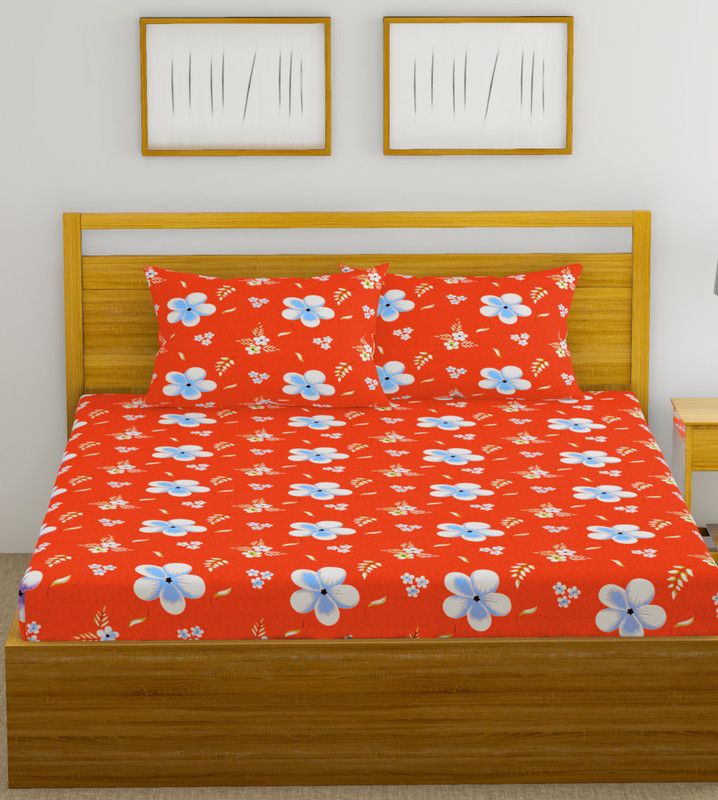 MAFATLALS 144 TC Cotton Double Floral Flat Bedsheet  (Pack of 1, Orange)