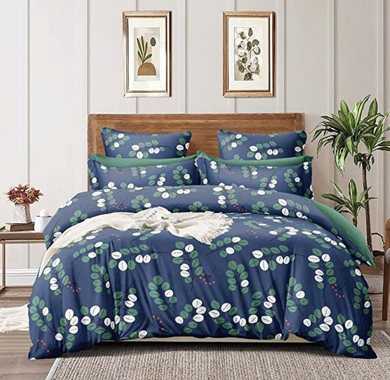 Sadashiv 210 TC Cotton King Striped Fitted (Elastic) Bedsheet  (Pack of 1, Blue Leafs)