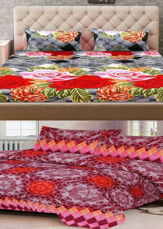 AVNI TEXTILE 120 TC Polycotton Double Printed Flat Bedsheet  (Pack of 2, Red)