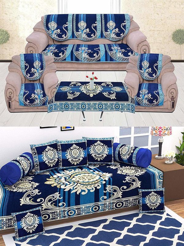 Abhomedecor Chenille Abstract Diwan Set  (Blue)