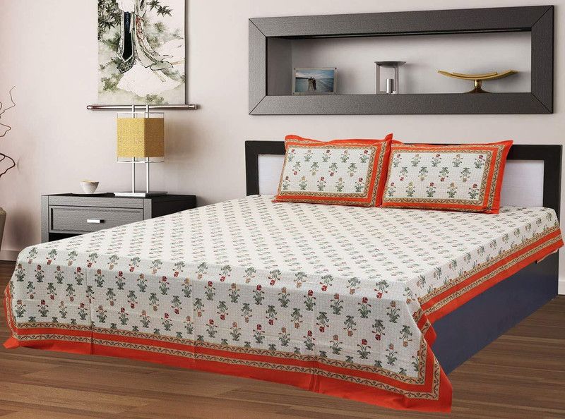 RAJDEVI JAIPUR PRINTS 321 TC Cotton Double Floral Flat Bedsheet  (Pack of 1, White)