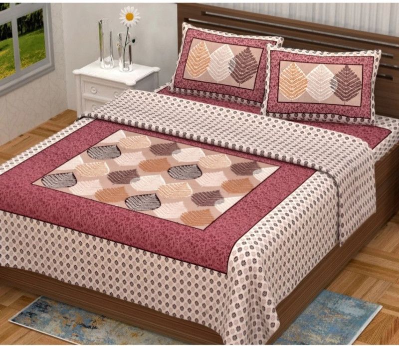 KAANY FAB 104 TC Cotton Double Printed Flat Bedsheet  (Pack of 1, Pink, Beige)
