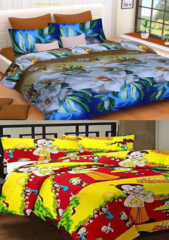 VHD 144 TC Polycotton Double 3D Printed Flat Bedsheet  (Pack of 2, Yellow)