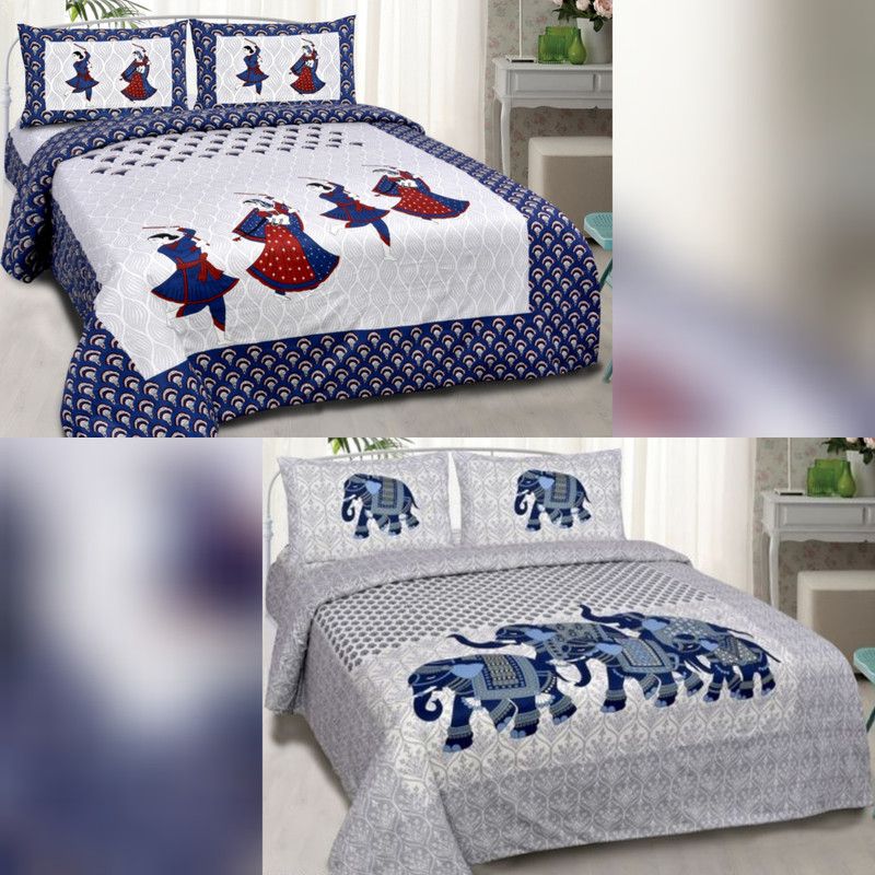 V K Creation 210 TC Cotton Queen Jaipuri Prints Flat Bedsheet  (Pack of 2, Blue)