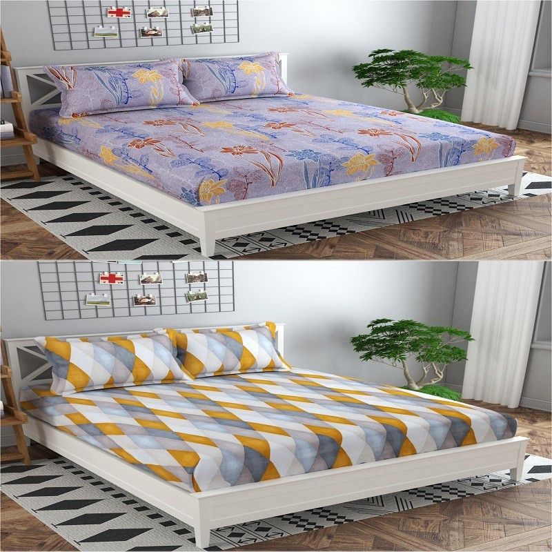 Nakshu 140 TC Polycotton Queen Floral Fitted (Elastic) Bedsheet  (Pack of 2, brown flower, yellow barfi)