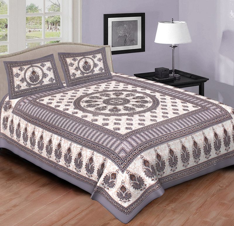 141 TC Cotton Double Floral Bedsheet  (Pack of 1, grey)