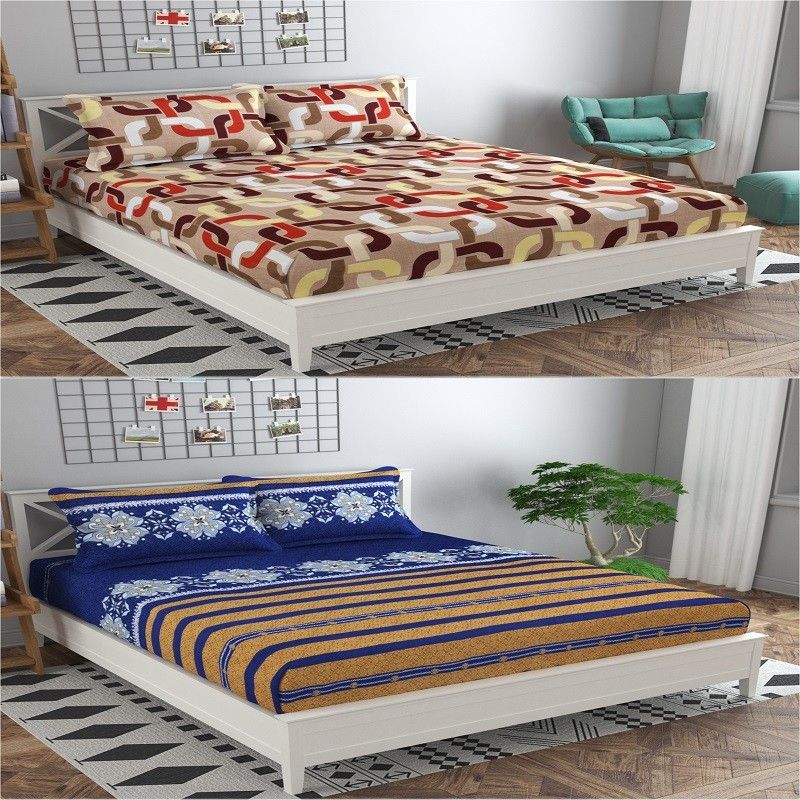 Nakshu 140 TC Polycotton Queen Printed Flat Bedsheet  (Pack of 2, cream square, golden line)