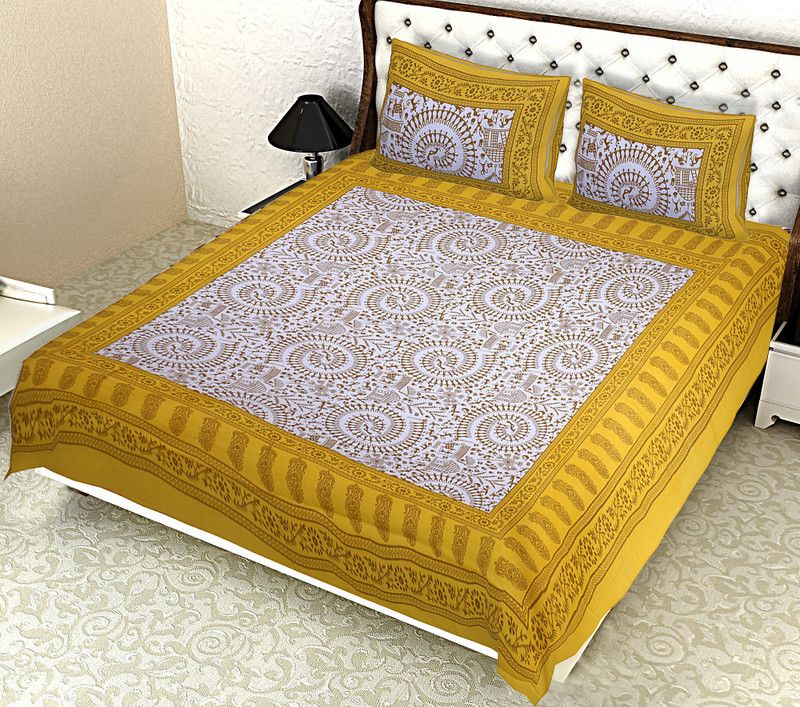 KF FABTEX 104 TC Cotton Double Printed Flat Bedsheet  (Pack of 1, Yellow)