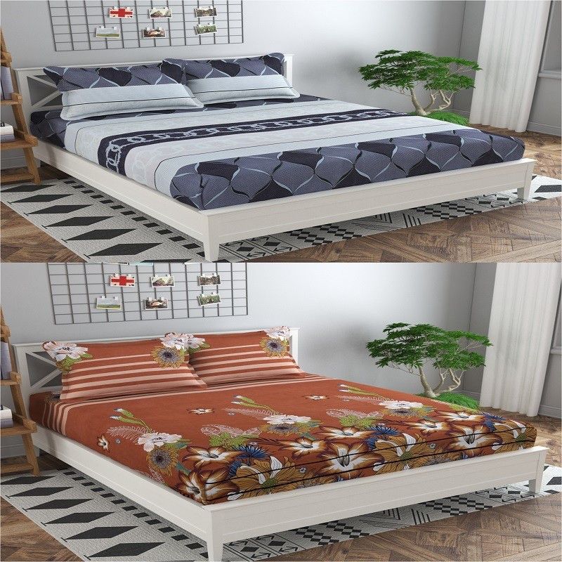 Nakshu 140 TC Polycotton Queen Floral Fitted (Elastic) Bedsheet  (Pack of 2, grey oval chain, dark brown flower)