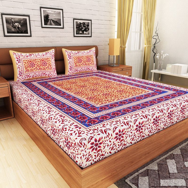 SitaFabrics 180 TC Cotton Double Floral Fitted (Elastic) Bedsheet  (Pack of 1, Multicolor)