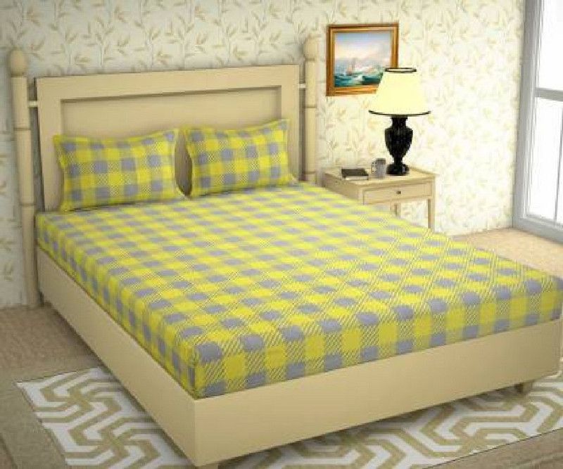 dhimanrdx fab 144 TC Polycotton Double Checkered Flat Bedsheet  (Pack of 1, Yellow)