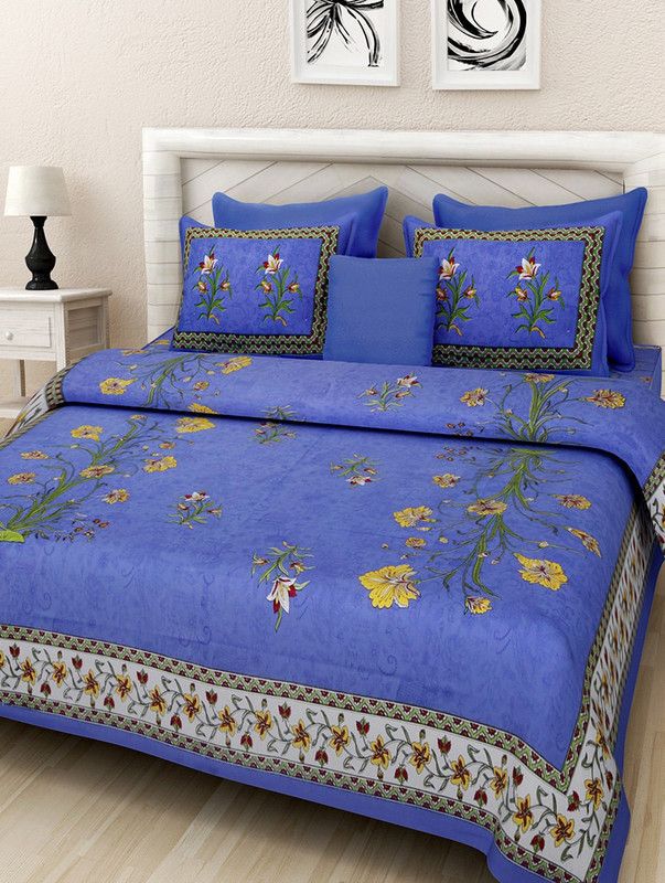 akshat craft 144 TC Cotton King Jaipuri Prints Flat Bedsheet  (Pack of 1, Blue)