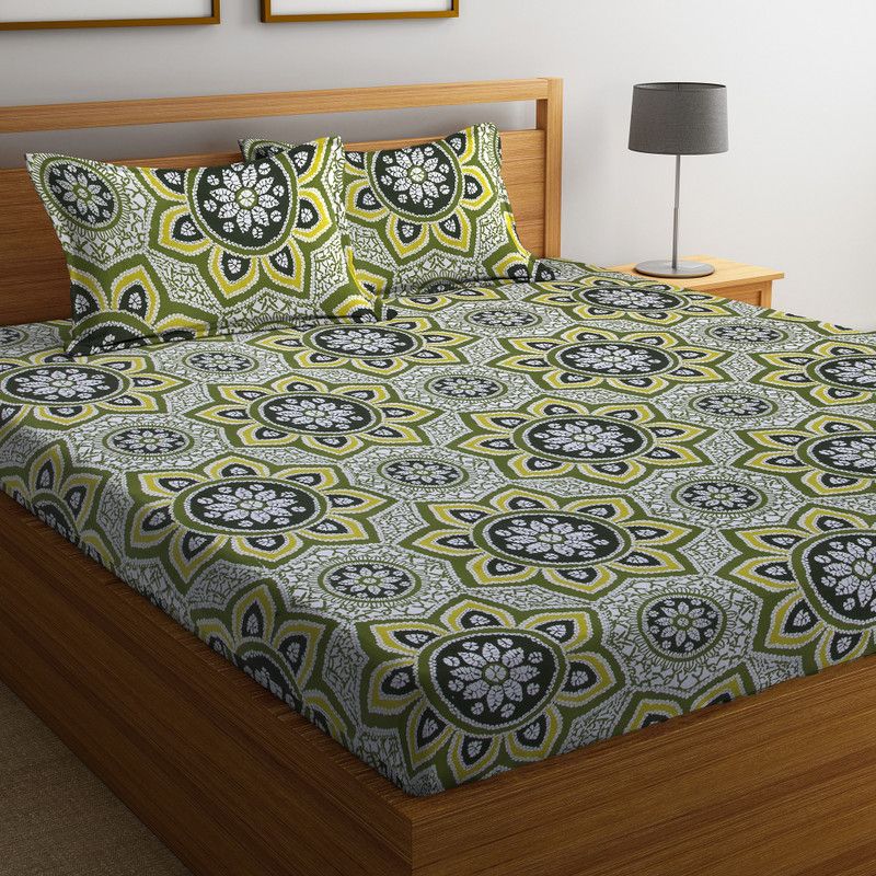 Flipkart SmartBuy 104 TC Cotton Double Jaipuri Prints Flat Bedsheet  (Pack of 1, Green)