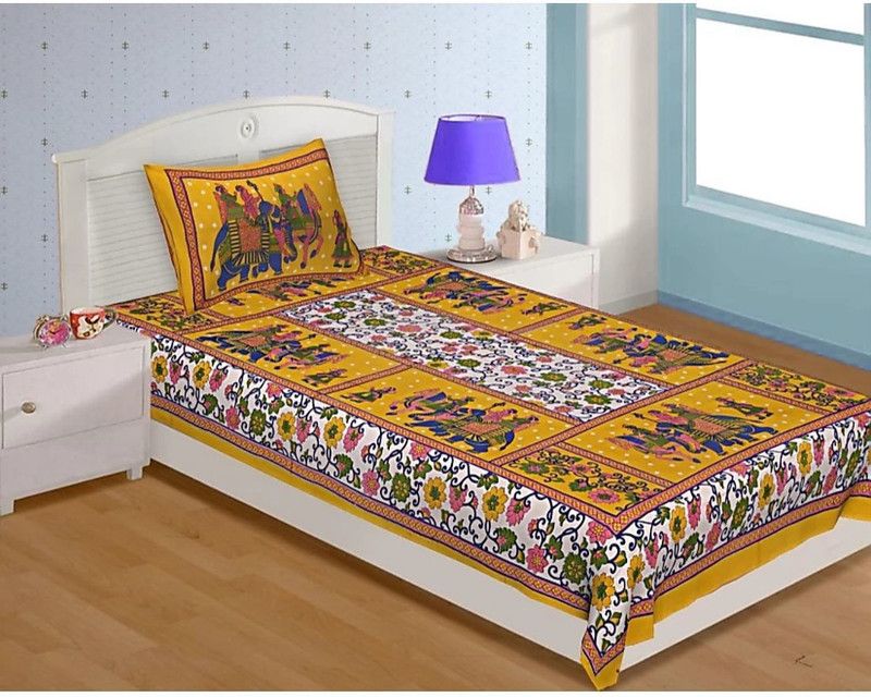 double cotton bed sheet 144 TC Cotton Single Jaipuri Prints Flat Bedsheet  (Pack of 1, Yellow, White, Green, Red)