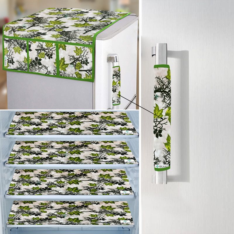 GILAAF Fridge Mat  (Width: 29 cm, Length: 44 cm, Set of 4Pc) + 1Pc Fridge Cover + 1Pc Handle Cover (Floral Green)